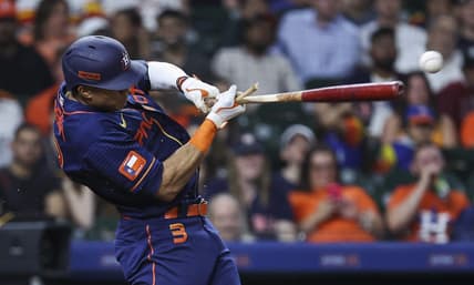 May 1, 2023; Houston, Texas, USA; Houston Astros shortstop Jeremy Pena (3) has a broken bat on an RBI single during the seventh inning against the San Francisco Giants at Minute Maid Park. Mandatory Credit: Troy Taormina-USA TODAY Sports