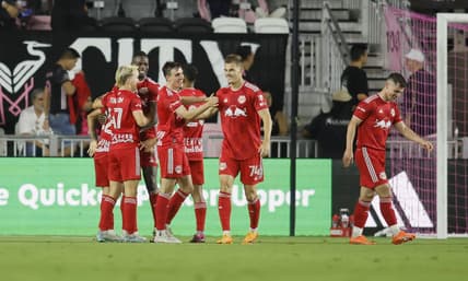May 31, 2023; Fort Lauderdale, Florida, USA; New York Red Bulls forward Tom Barlow (74) celebrates with teammates after scoring a goal against the Inter Miami in the second half at DRV PNK Stadium. Mandatory Credit: Sam Navarro-USA TODAY Sports