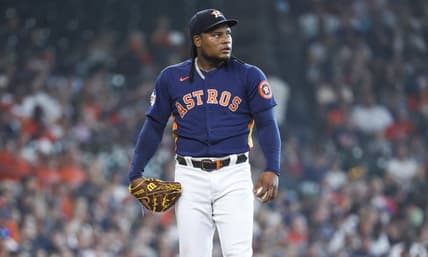 Jul 8, 2023; Houston, Texas, USA; Houston Astros starting pitcher Framber Valdez (59) looks up before the first pitch against the Seattle Mariners at Minute Maid Park. Mandatory Credit: Troy Taormina-USA TODAY Sports