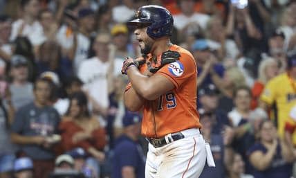 Jul 28, 2023; Houston, Texas, USA; Houston Astros first baseman Jose Abreu (79) react after hitting a home run during the fourth inning against the Tampa Bay Rays at Minute Maid Park. Mandatory Credit: Troy Taormina-USA TODAY Sports