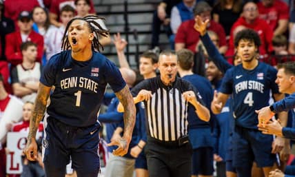 Penn State's Ace Baldwin Jr. (1) celebrates his three-pointer during the second half of the Indiana versus Penn State men's basketball game at Simon Skjodt Assembly Hall on Saturday, Feb. 3, 2024.