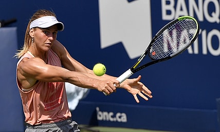 Aug 6, 2021; Montreal, Quebec, Canada; Liudmila Samsonova of Russia practices on centre court prior to the start of the National Bank Open at Stade IGA. Mandatory Credit: Eric Bolte-USA TODAY Sports