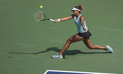 Aug 15, 2022; Cincinnati, OH, USA;  Mayar Sherif (EGY) returns a shot during her match against Elena Rybakina (KAZ) at the Western & Southern at the Lindner Family Tennis Center. Mandatory Credit: Susan Mullane-USA TODAY Sports