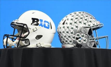 Jul 23, 2021; Indianapolis, Indiana, USA; A Big 10 helmet and Ohio State Buckeyes helmet are displayed during Big 10 media days at Lucas Oil Stadium. Mandatory Credit: Robert Goddin-USA TODAY Sports