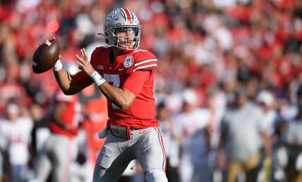 Jan 1, 2022; Pasadena, CA, USA; Ohio State Buckeyes quarterback C.J. Stroud (7) throws a pass against the Utah Utes in the first quarter during the 2022 Rose Bowl college football game at the Rose Bowl. Mandatory Credit: Orlando Ramirez-USA TODAY Sports