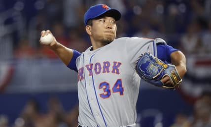 Apr 2, 2023; Miami, Florida, USA;  New York Mets starting pitcher Kodai Senga (34) pitches against the Miami Marlins in the first inning at loanDepot Park. Mandatory Credit: Rhona Wise-USA TODAY Sports