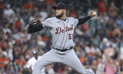 Apr 5, 2023; Houston, Texas, USA; Detroit Tigers starting pitcher Eduardo Rodriguez (57) delivers a pitch during the first inning against the Houston Astros at Minute Maid Park. Mandatory Credit: Troy Taormina-USA TODAY Sports