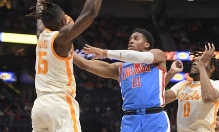 Mar 9, 2023; Nashville, TN, USA;  Tennessee Volunteers guard Jahmai Mashack (15) blocks the shot of Mississippi Rebels guard Matthew Murrell (11) during the first half at Bridgestone Arena. Mandatory Credit: Steve Roberts-USA TODAY Sports