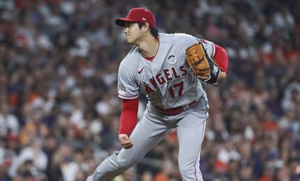 Jun 2, 2023; Houston, Texas, USA; Los Angeles Angels starting pitcher Shohei Ohtani (17) delivers a pitch during the game against the Houston Astros at Minute Maid Park. Mandatory Credit: Troy Taormina-USA TODAY Sports