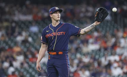 Jun 19, 2023; Houston, Texas, USA; Houston Astros starting pitcher Hunter Brown (58) reacts after a play during the first inning against the New York Mets at Minute Maid Park. Mandatory Credit: Troy Taormina-USA TODAY Sports