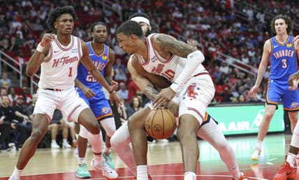 Feb 25, 2024; Houston, Texas, USA; Houston Rockets forward Jabari Smith Jr. (10) loses control of the ball during the second quarter against the Oklahoma City Thunder at Toyota Center. Mandatory Credit: Troy Taormina-USA TODAY Sports