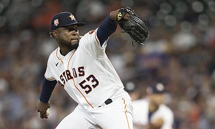 Aug 2, 2022; Houston, Texas, USA; Houston Astros starting pitcher Cristian Javier (53) pitches against the Boston Red Sox in the third inning at Minute Maid Park. Mandatory Credit: Thomas Shea-USA TODAY Sports