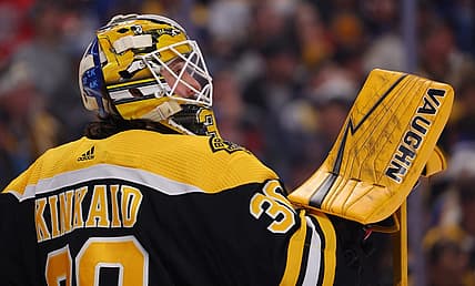 Nov 12, 2022; Buffalo, New York, USA;  Boston Bruins goaltender Keith Kinkaid (30) during a stoppage in play against the Buffalo Sabres during the second period at KeyBank Center. Mandatory Credit: Timothy T. Ludwig-USA TODAY Sports