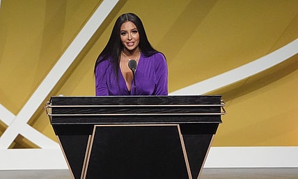May 15, 2021; Uncasville, Connecticut, USA;  Vanessa Bryant, wife of the late Kobe Bryant, speaks on his behalf during the Class of 2020 Naismith Memorial Basketball Hall of Fame Enshrinement ceremony at Mohegan Sun Arena. Mandatory Credit: David Butler II-USA TODAY Sports