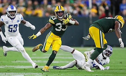 Green Bay Packers running back Aaron Jones (33) runs the ball against the Detroit Lions during their football game on Thursday, September 28, 2023, at Lambeau Field in Green Bay, Wis. The Lions won the game, 34-20.
Tork Mason/USA TODAY NETWORK-Wisconsin