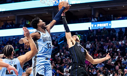 Dec 1, 2023; Dallas, Texas, USA; Memphis Grizzlies forward Jaren Jackson Jr. (13) blocks the shot of Dallas Mavericks guard Josh Green (8) during the second quarter at American Airlines Center. Mandatory Credit: Kevin Jairaj-USA TODAY Sports