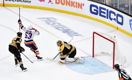 May 31, 2021; Boston, Massachusetts, USA; New York Islanders center Casey Cizikas (53) scores the game winning goal past Boston Bruins goaltender Tuukka Rask (40) in overtime in game two of the second round of the 2021 Stanley Cup Playoffs at TD Garden. Mandatory Credit: Bob DeChiara-USA TODAY Sports