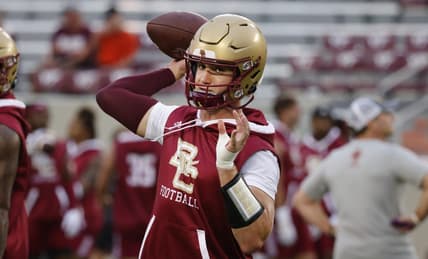 Sep 10, 2022; Blacksburg, Virginia, USA;  Boston College Eagles quarterback Phil Jurkovec (5) throws the ball before the game against the Virginia Tech Hokies at Lane Stadium. Mandatory Credit: Reinhold Matay-USA TODAY Sports