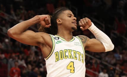Dec 11, 2022; Houston, Texas, USA; Houston Rockets guard Jalen Green (4) reacts after a play against the Milwaukee Bucks in the second half at Toyota Center. Mandatory Credit: Thomas B. Shea-USA TODAY Sports