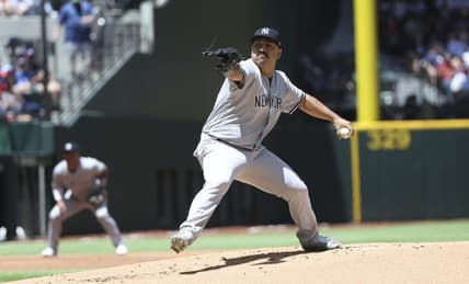 Apr 30, 2023; Arlington, Texas, USA;  New York Yankees starting pitcher Nestor Cortes (65) throws during the first inning against the Texas Rangers at Globe Life Field. Mandatory Credit: Kevin Jairaj-USA TODAY Sports