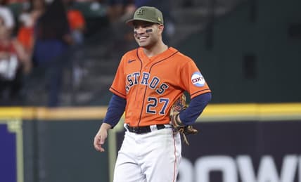 May 19, 2023; Houston, Texas, USA; Houston Astros second baseman Jose Altuve (27) smiles during the first inning against the Oakland Athletics at Minute Maid Park. Mandatory Credit: Troy Taormina-USA TODAY Sports