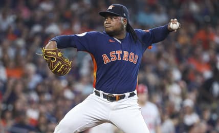 Jun 2, 2023; Houston, Texas, USA; Houston Astros starting pitcher Framber Valdez (59) delivers a pitch during the first inning against the Los Angeles Angels at Minute Maid Park. Mandatory Credit: Troy Taormina-USA TODAY Sports