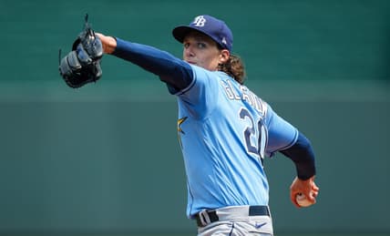 Jul 15, 2023; Kansas City, Missouri, USA; Tampa Bay Rays starting pitcher Tyler Glasnow (20) warms up during the first inning against the Kansas City Royals at Kauffman Stadium. Mandatory Credit: Jay Biggerstaff-USA TODAY Sports