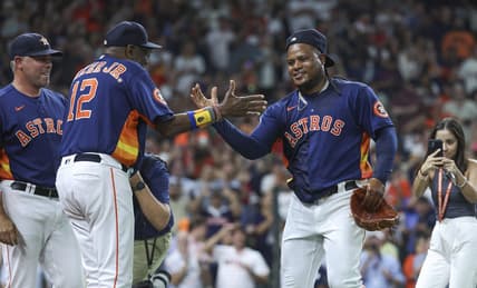 Aug 1, 2023; Houston, Texas, USA; Houston Astros starting pitcher Framber Valdez (59) celebrates with manager Dusty Baker Jr. (12) after pitching a no-hitter against the Cleveland Guardians at Minute Maid Park. Mandatory Credit: Troy Taormina-USA TODAY Sports
