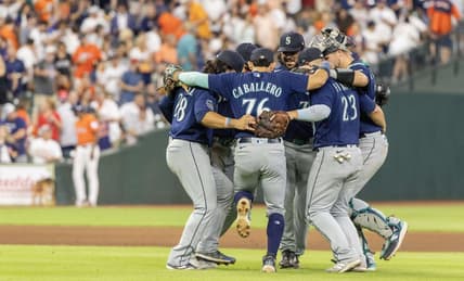 Aug 18, 2023; Houston, Texas, USA;  The Seattle Mariners celebrate defeating the Houston Astros at Minute Maid Park. Mandatory Credit: Thomas Shea-USA TODAY Sports