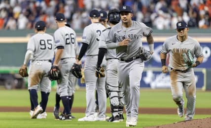 Sep 2, 2023; Houston, Texas, USA; New York Yankees center fielder Jasson Dominguez (89) and teammates celebrate the win against the Houston Astros at Minute Maid Park. Mandatory Credit: Thomas Shea-USA TODAY Sports