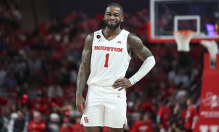 Jan 20, 2024; Houston, Texas, USA; Houston Cougars guard Jamal Shead (1) smiles after a play during the second half against the UCF Knights at Fertitta Center. Mandatory Credit: Troy Taormina-USA TODAY Sports