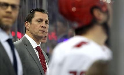 Jan 2, 2024; New York, New York, USA; Carolina Hurricanes head coach Rod Brind'Amour watches his team against the New York Rangers during the third period at Madison Square Garden. Mandatory Credit: Danny Wild-USA TODAY Sports