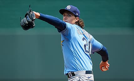 Jul 15, 2023; Kansas City, Missouri, USA; Tampa Bay Rays starting pitcher Tyler Glasnow (20) warms up during the first inning against the Kansas City Royals at Kauffman Stadium. Mandatory Credit: Jay Biggerstaff-USA TODAY Sports