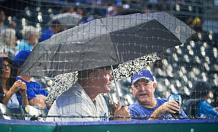 Sep 3, 2021; Kansas City, Missouri, USA; Kansas City Royals fans watch the field while waiting out a rain delay before a game against the Chicago White Sox at Kauffman Stadium. Mandatory Credit: Denny Medley-USA TODAY Sports