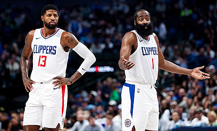 Nov 10, 2023; Dallas, Texas, USA;  LA Clippers guard James Harden (1) and LA Clippers forward Paul George (13) react against during the second half against the Dallas Mavericks at American Airlines Center. Mandatory Credit: Kevin Jairaj-USA TODAY Sports