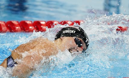 Jul 26, 2021; Tokyo, Japan; Katie Ledecky (USA) in the women's 400m freestyle final during the Tokyo 2020 Olympic Summer Games at Tokyo Aquatics Centre. Mandatory Credit: Rob Schumacher-USA TODAY Sports