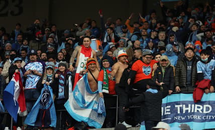 Dec 11, 2021; Portland, OR, USA; Fans of of the New York City FC celebrate after defeating the Portland Timbers in the 2021 MLS Cup championship game at Providence Park. Mandatory Credit: Jaime Valdez-USA TODAY Sports