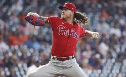 Oct 5, 2022; Houston, Texas, USA; Philadelphia Phillies starting pitcher Bailey Falter (70) delivers a pitch during the first inning against the Houston Astros at Minute Maid Park. Mandatory Credit: Troy Taormina-USA TODAY Sports