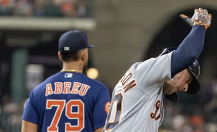 Apr 4, 2023; Houston, Texas, USA;  Detroit Tigers first baseman Spencer Torkelson (20) celebrates his two run home run against the Houston Astros in the eighth inning at Minute Maid Park. Mandatory Credit: Thomas Shea-USA TODAY Sports
