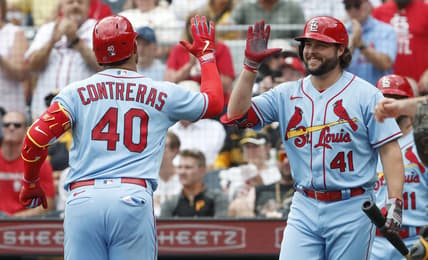 Jun 3, 2023; Pittsburgh, Pennsylvania, USA;  St. Louis Cardinals St. Louis Cardinals designated hitter Alec Burleson (41) greets catcher Willson Contreras (40) crossing home plate after his solo home run against the Pittsburgh Pirates in the second inning at PNC Park. Mandatory Credit: Charles LeClaire-USA TODAY Sports
