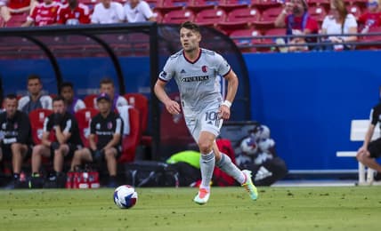 Jun 7, 2023; Frisco, Texas, USA;  St. Louis City midfielder Eduard Lowen (10) controls the ball during the second half against FC Dallas at Toyota Stadium. Mandatory Credit: Kevin Jairaj-USA TODAY Sports