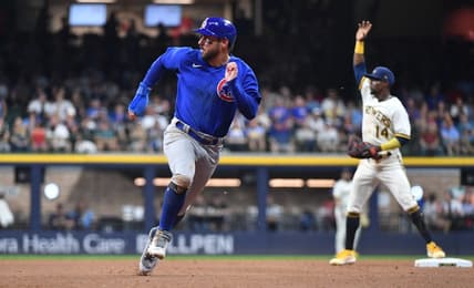 Jul 5, 2023; Milwaukee, Wisconsin, USA; Chicago Cubs center fielder Mike Tauchman (40) runs to third base against the Milwaukee Brewers in the fifth inning at American Family Field. Mandatory Credit: Michael McLoone-USA TODAY Sports
