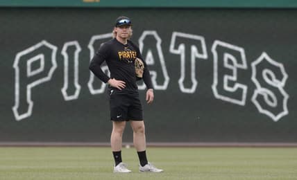 Aug 12, 2023; Pittsburgh, Pennsylvania, USA; Pittsburgh Pirates center fielder Jack Suwinski (65) looks on before the game against the Cincinnati Reds at PNC Park. Mandatory Credit: Charles LeClaire-USA TODAY Sports