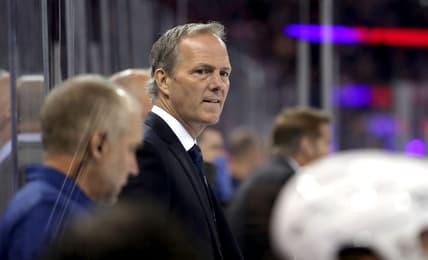 Oct 11, 2022; New York, New York, USA; Tampa Bay Lightning head coach Jon Cooper watches his players during the second period against the New York Rangers at Madison Square Garden. Mandatory Credit: Danny Wild-USA TODAY Sports