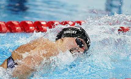 Jul 26, 2021; Tokyo, Japan; Katie Ledecky (USA) in the women's 400m freestyle final during the Tokyo 2020 Olympic Summer Games at Tokyo Aquatics Centre. Mandatory Credit: Rob Schumacher-USA TODAY Sports