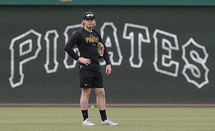 Aug 12, 2023; Pittsburgh, Pennsylvania, USA; Pittsburgh Pirates center fielder Jack Suwinski (65) looks on before the game against the Cincinnati Reds at PNC Park. Mandatory Credit: Charles LeClaire-USA TODAY Sports
