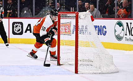 Dec 14, 2023; Philadelphia, Pennsylvania, USA; Philadelphia Flyers right wing Bobby Brink (10) scores a shootout goal against the Washington Capitals in overtime at Wells Fargo Center. Mandatory Credit: Kyle Ross-USA TODAY Sports