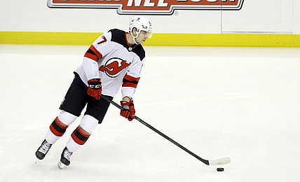 Apr 22, 2021; Pittsburgh, Pennsylvania, USA;  New Jersey Devils center Yegor Sharangovich (17) warms up before playing the Pittsburgh Penguins at PPG Paints Arena. Mandatory Credit: Charles LeClaire-USA TODAY Sports