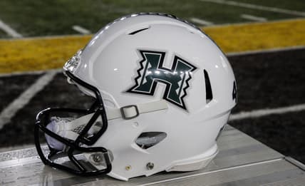 Sep 23, 2017; Laramie, WY, USA; A general view of the Hawaii Warriors helmet before game against the Wyoming Cowboys at War Memorial Stadium. Mandatory Credit: Troy Babbitt-USA TODAY Sports
