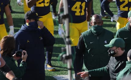 Michigan Wolverines coach Jim Harbaugh and Michigan State Spartans coach Mel Tucker walk off the field after MSU's 27-24 win at Michigan Stadium in Ann Arbor, Saturday, Oct. 31, 2020.

Mel Tucker, Jim Harbaugh